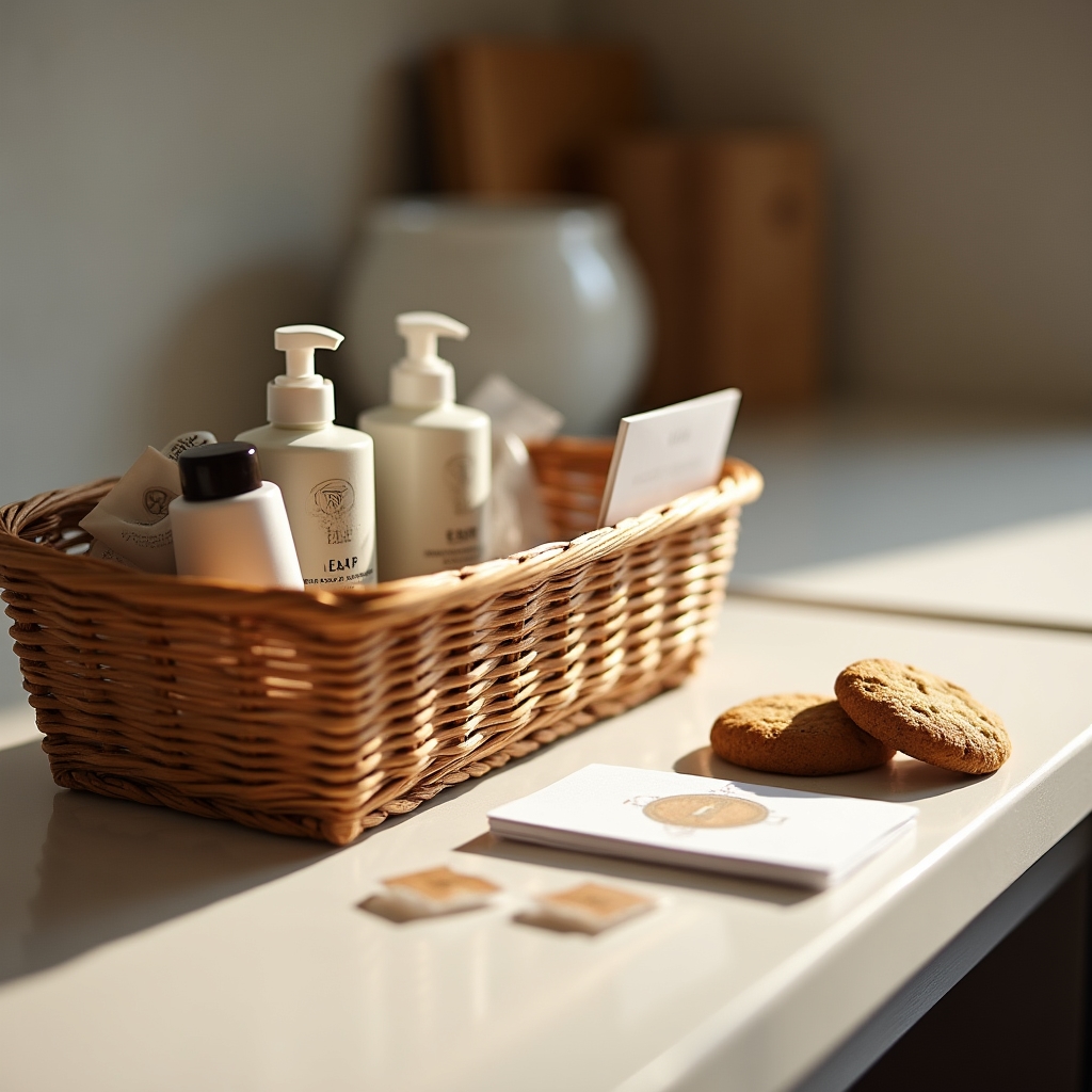 Neatly arranged welcome amenities on a kitchen counter — coffee, toiletries, and supplies