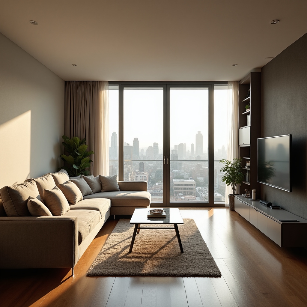 Tidy apartment living area with clean floors and arranged furniture