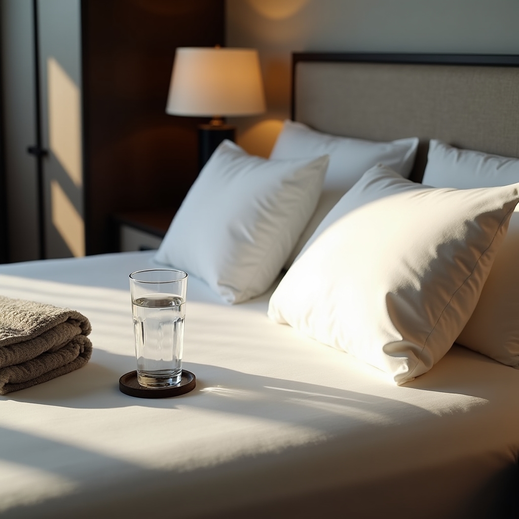 Freshly made bed with crisp white linen after a professional turnover