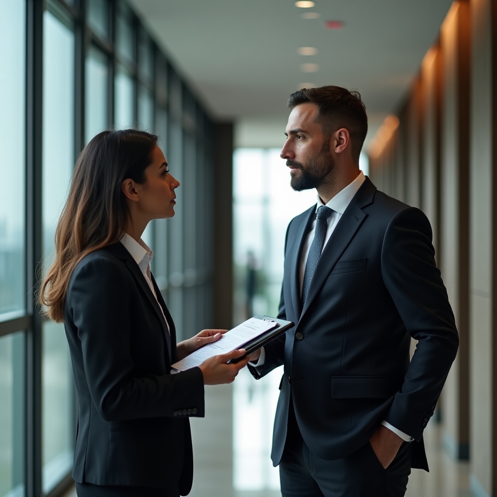Professional discussing building access protocols with a residential tower administrator