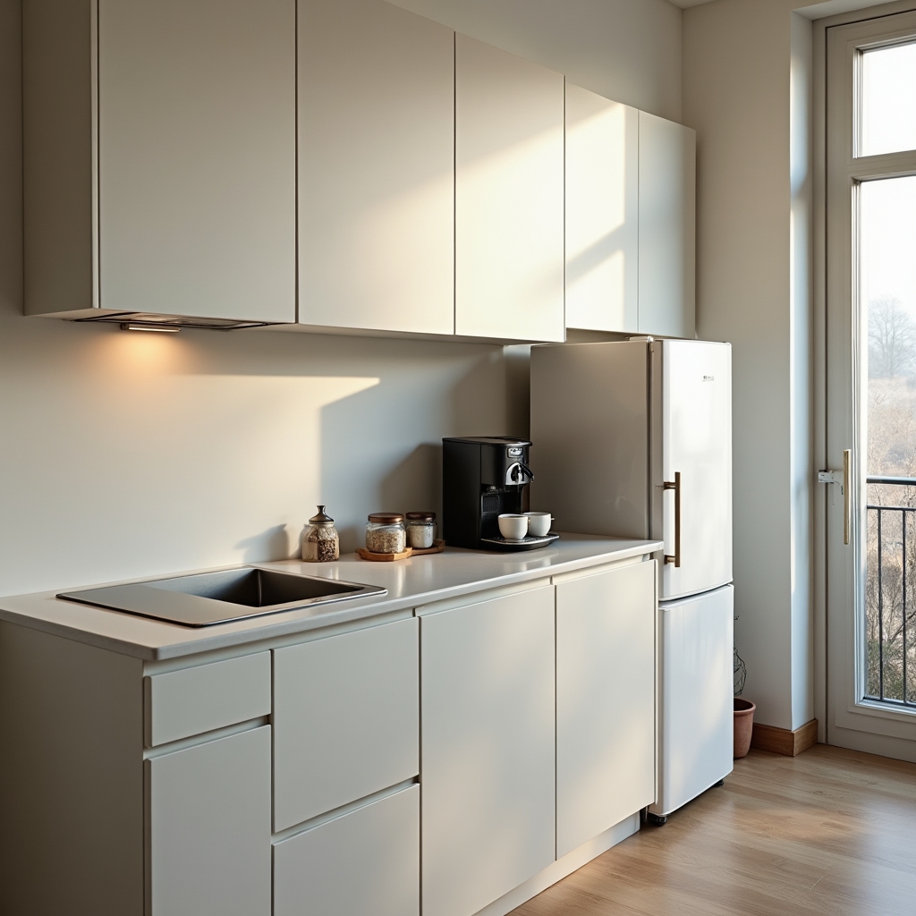 Clean modern kitchen with clear counters and polished surfaces