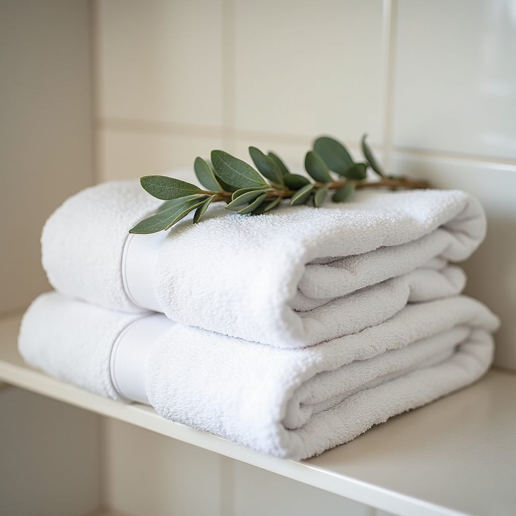 Precisely folded white towels displayed on a bathroom shelf in a short-stay apartment